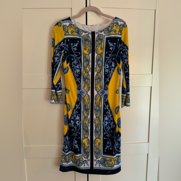 CACHE Designer Dress Blue Yellow Brocade Bodycon Size 2 - Picture 1 of 5
